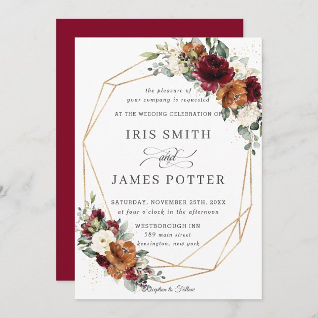 Chic Burgundy Ivory Rust Floral Wedding Geometric Invitation (Front/Back)