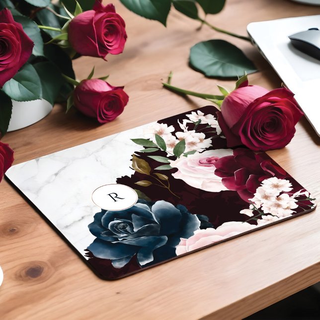 Chic Burgundy & Marble Watercolor Floral Monogram Mouse Pad (Chic Burgundy & Marble Watercolor Floral Monogram Mouse Pad)
