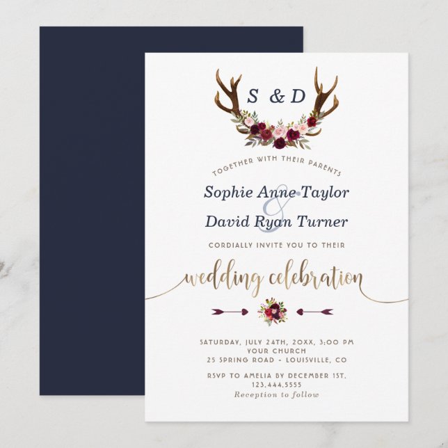 Chic Burgundy Marsala Floral Antlers Gold Wedding Invitation (Front/Back)