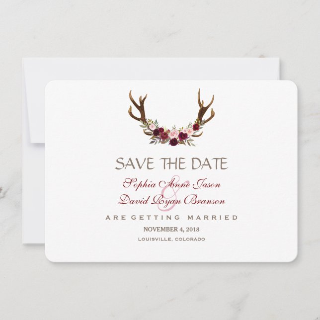 Chic Burgundy Marsala Floral Antlers Save The Date (Front)