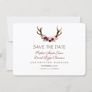 Chic Burgundy Marsala Floral Antlers Save The Date