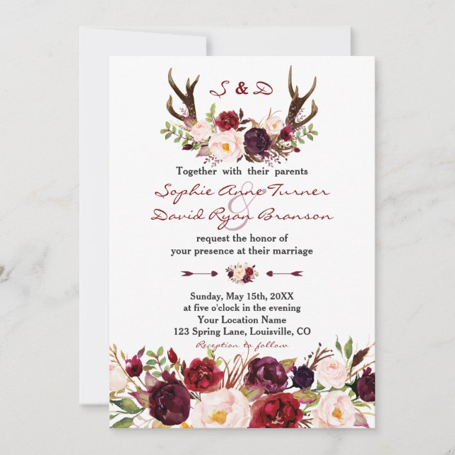 Chic Burgundy Marsala Floral Antlers Wedding Invitation (Front)