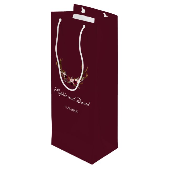 Chic Burgundy Marsala Floral Antlers Wedding Wine Gift Bag (Back Angled)