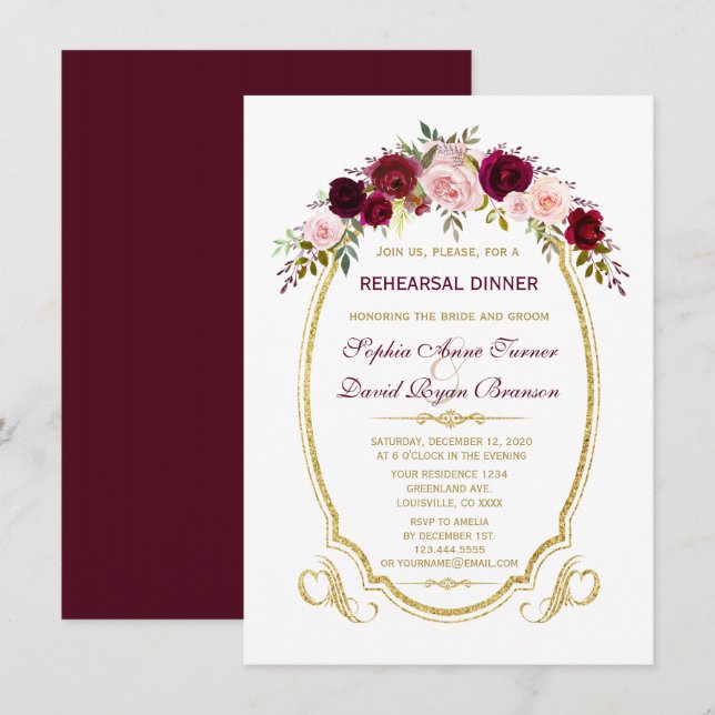 Chic Burgundy Marsala Floral Fall Rehearsal Dinner Invitation (Front/Back)