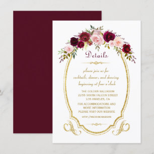 Chic Burgundy Marsala Floral Fall Wedding Details Invitation