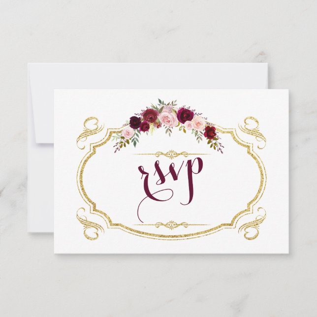 Chic Burgundy Marsala Floral Fall Wedding RSVP (Front)