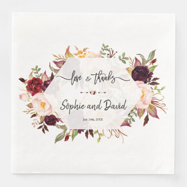 Chic Burgundy Marsala Floral Geometric Wedding Napkin (Front)