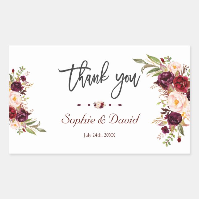 Chic Burgundy Marsala Floral Handwriting Wedding Sticker (Front)