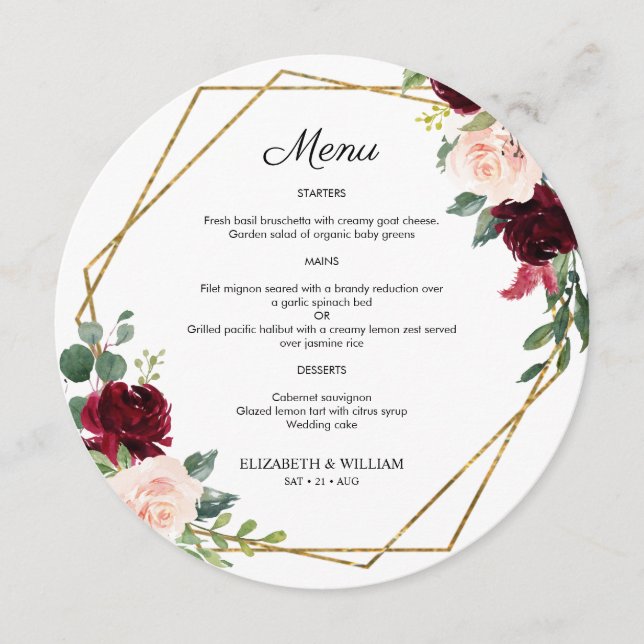 Chic Burgundy Marsala Floral Round Menu For Plate (Front)
