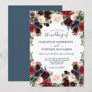 Chic Burgundy, Navy and Pink Floral Wedding Invitation