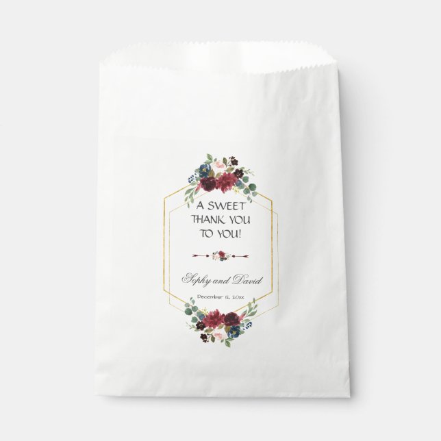 Chic Burgundy Navy Blue Floral Wedding THANK YOU Favour Bag (Front)