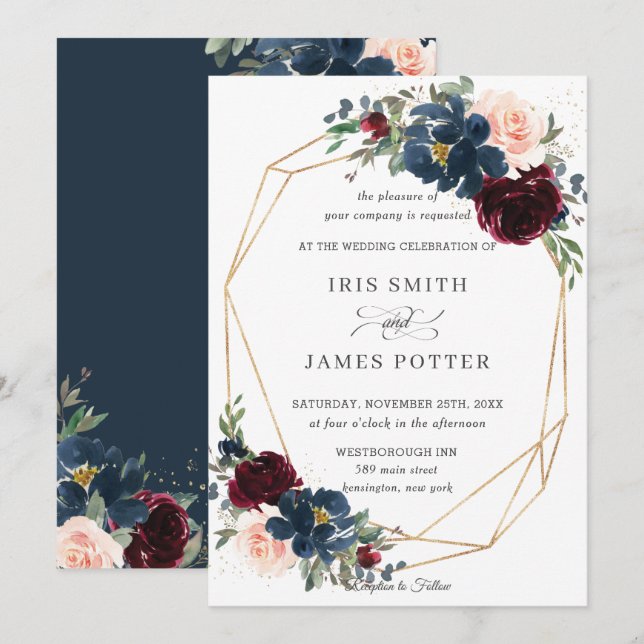 Chic Burgundy Navy Blush Floral Wedding Geometric Invitation (Front/Back)