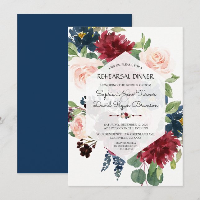 Chic Burgundy Navy Floral Hexagon Rehearsal Dinner Invitation (Front/Back)