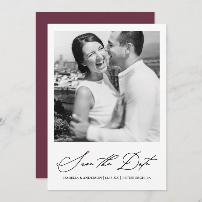 Chic Burgundy Photo Save the Date (Front/Back)