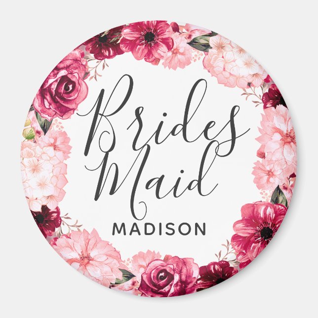 Chic Burgundy & Pink Floral Wreath Bridesmaid Magnet (Front)