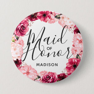 Chic Burgundy & Pink Floral Wreath Maid of Honour 3 Inch Round Button
