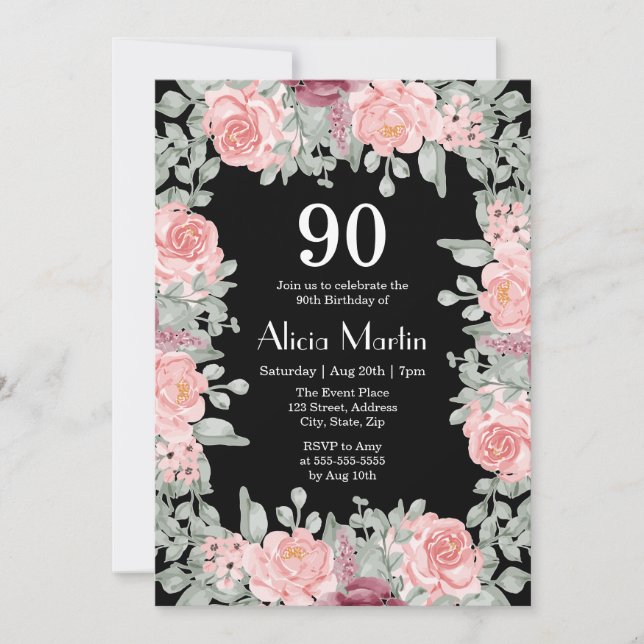 Chic Burgundy Pink Roses Flora Black 90th Birthday Invitation (Front)