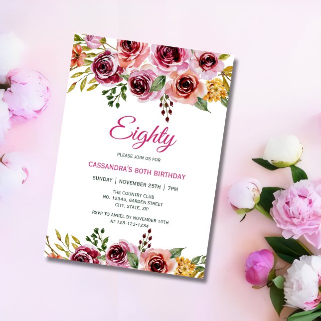 Chic Burgundy Purple Rose Greenery Birthday  Invitation (Creator Uploaded)