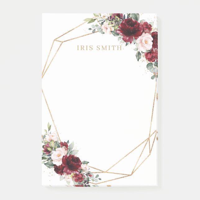 Chic Burgundy Red Blush Pink Floral Gold Geometric Post-it Notes (Front)
