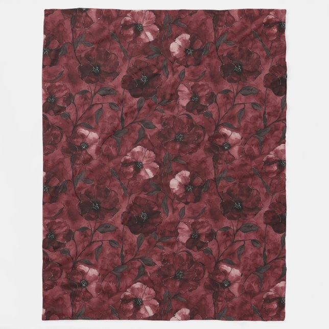 Chic Burgundy Red Floral Fleece Blanket (Front)