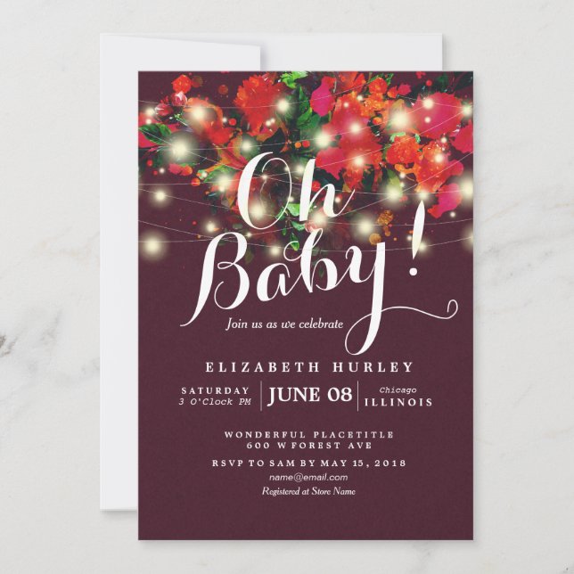 Chic Burgundy Red Floral String Lights Baby Shower Invitation (Front)