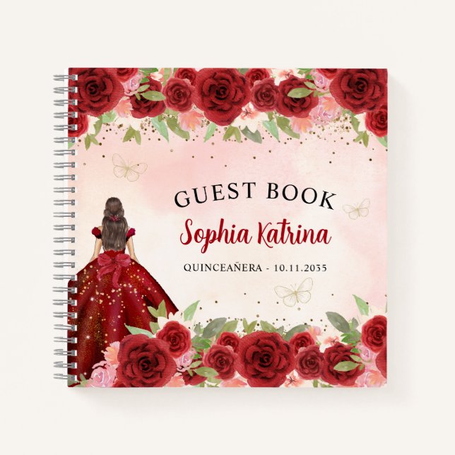 Chic Burgundy Red Gold Floral Princess Quinceañera Notebook (Front)