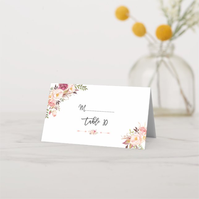 Chic Burgundy Red Marsala Floral Table Number Place Card (Front)
