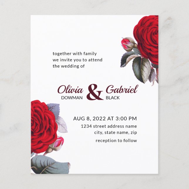 Chic Burgundy Red rose. Blossom Nature Wedding Inv Flyer (Front)