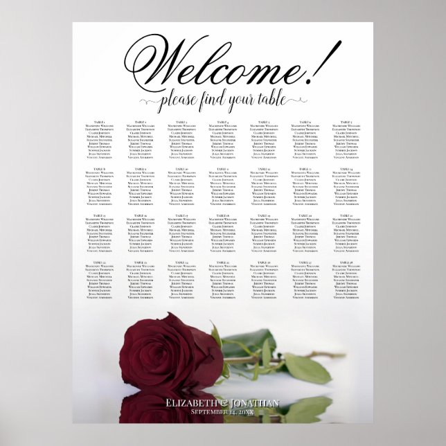 Chic Burgundy Rose 28 Table Wedding Seating Chart (Front)