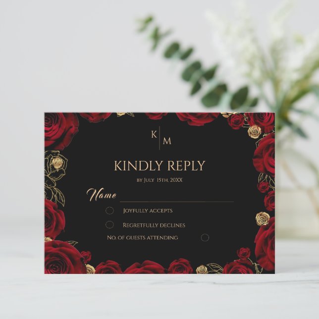 Chic Burgundy Roses Boho Wedding RSVP Card (Standing Front)