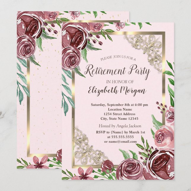 Chic Burgundy Roses Gold Frame Retirement  Invitation (Front/Back)