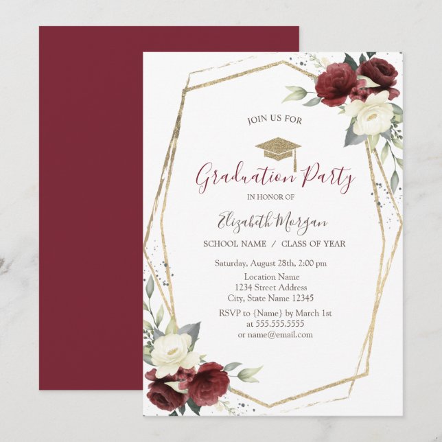 Chic Burgundy Roses,Grad Cap,Graduation  Invitation (Front/Back)