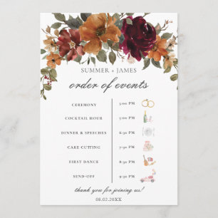 Chic Burgundy Rust Floral Wedding Order of Event  Program