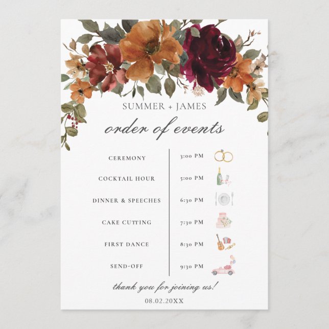 Chic Burgundy Rust Floral Wedding Order of Event  Program (Front)