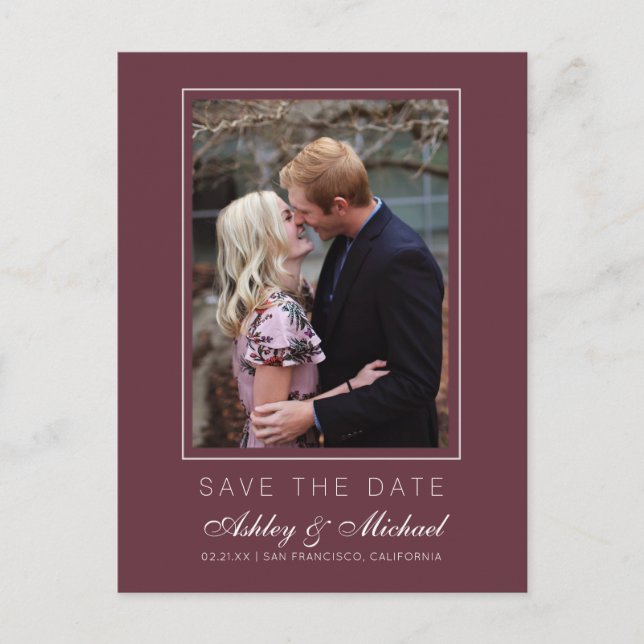 Chic Burgundy Save the Date Engagement Photo Announcement Postcard (Front)