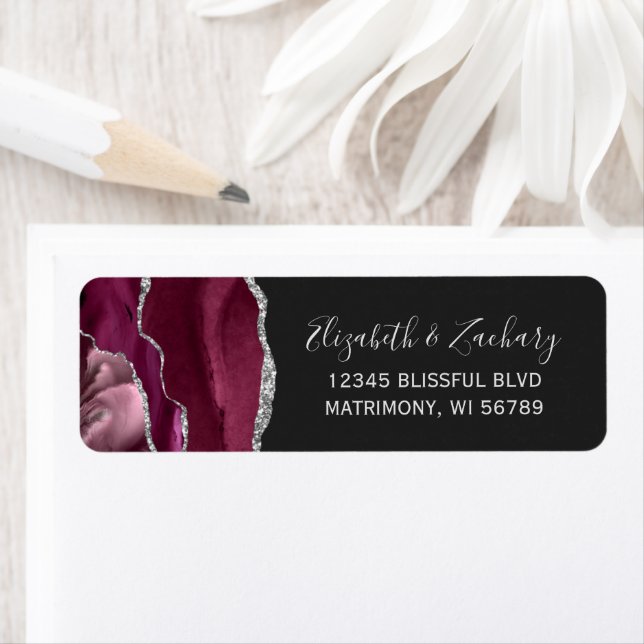 Chic Burgundy Silver Dark Wedding Return Address (Insitu)