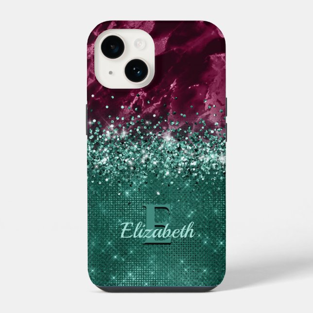 Chic Burgundy Teal Mint Glitter Marble Monogram iPhone Case (Back)