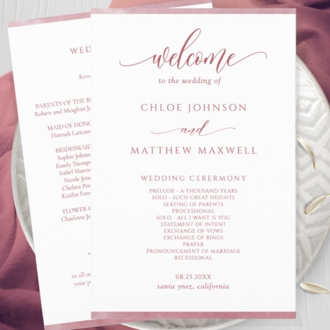 Chic Burgundy Watercolor Frame Wedding Program (Creator Uploaded)