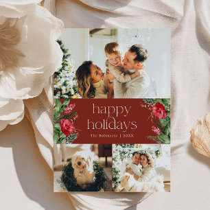 Chic Burgundy Watercolor Greenery 3 Photo  Holiday Card