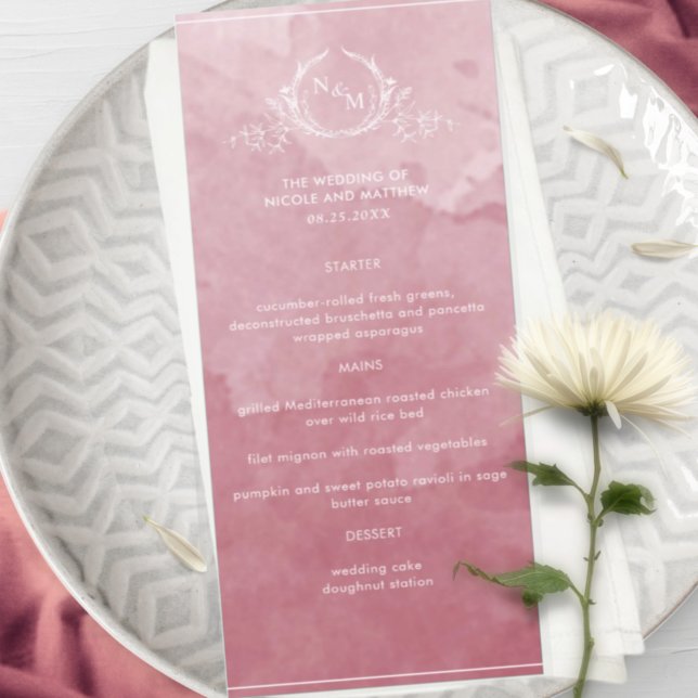 Chic Burgundy Watercolor, Monogram Wedding Menu (Creator Uploaded)