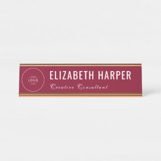 Chic Burgundy & White Business Logo Custom Desk Name Plate