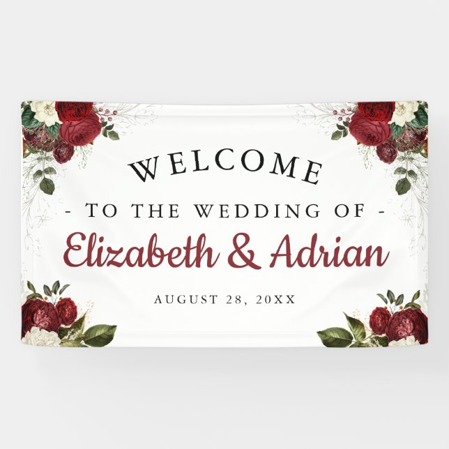 Chic Burgundy & White Floral Welcome Wedding Banner (Horizontal)