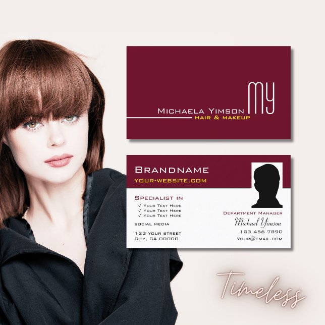 Chic Burgundy White Simple with Monogram and Photo Business Card (Creator Uploaded)