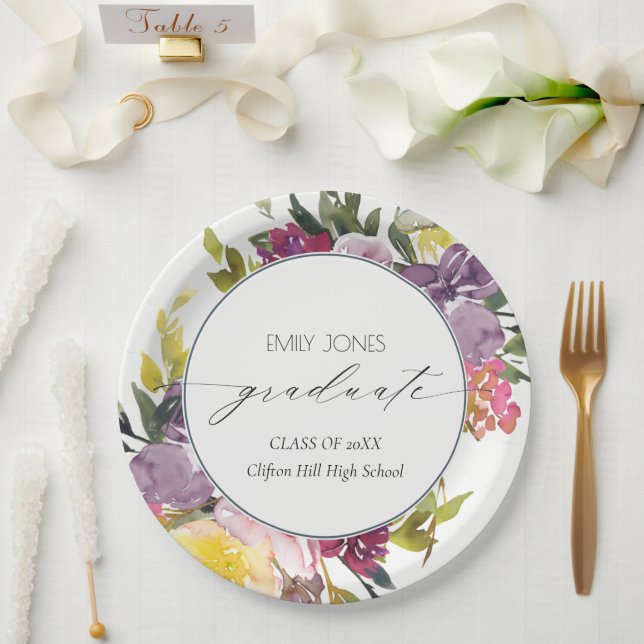 Chic Burgundy Yellow Pink Floral Photo Graduation Paper Plate (Wedding)