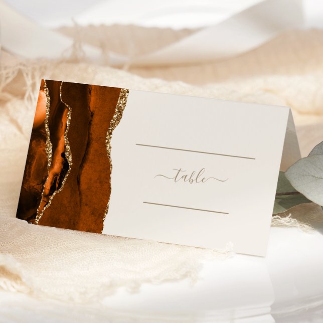 Chic Burnt Orange Gold Agate Ivory Wedding Table Place Card (Creator Uploaded)