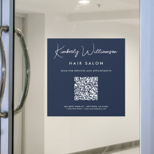 Chic Business Name Signature Script QR Code Blue Window Cling