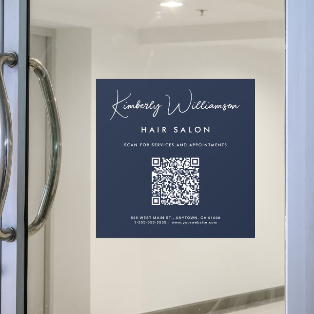 Chic Business Name Signature Script QR Code Blue Window Cling (Chic Business Name Signature Script QR Code Blue Window Cling)