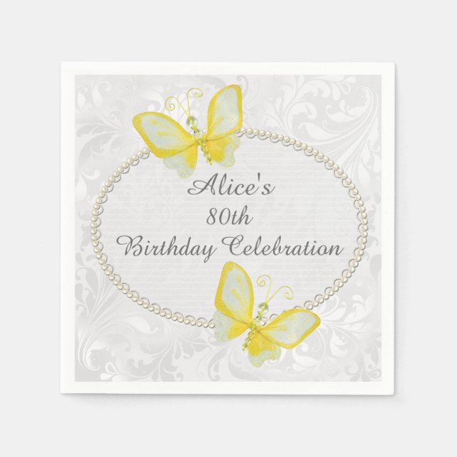 Chic Butterflies Damask 80th Birthday Personalized Napkin (Front)