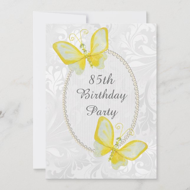 Chic Butterflies Damask 85th Birthday Double Sided Invitation (Front)