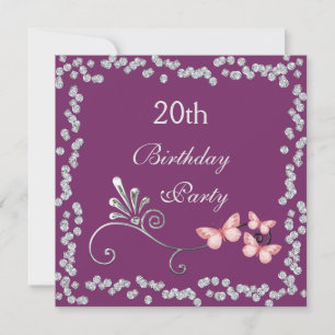 Chic Butterflies & Diamonds 20th Birthday Invitation